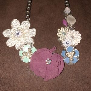 Floral handmade silvertone statement bib necklace adjustable length